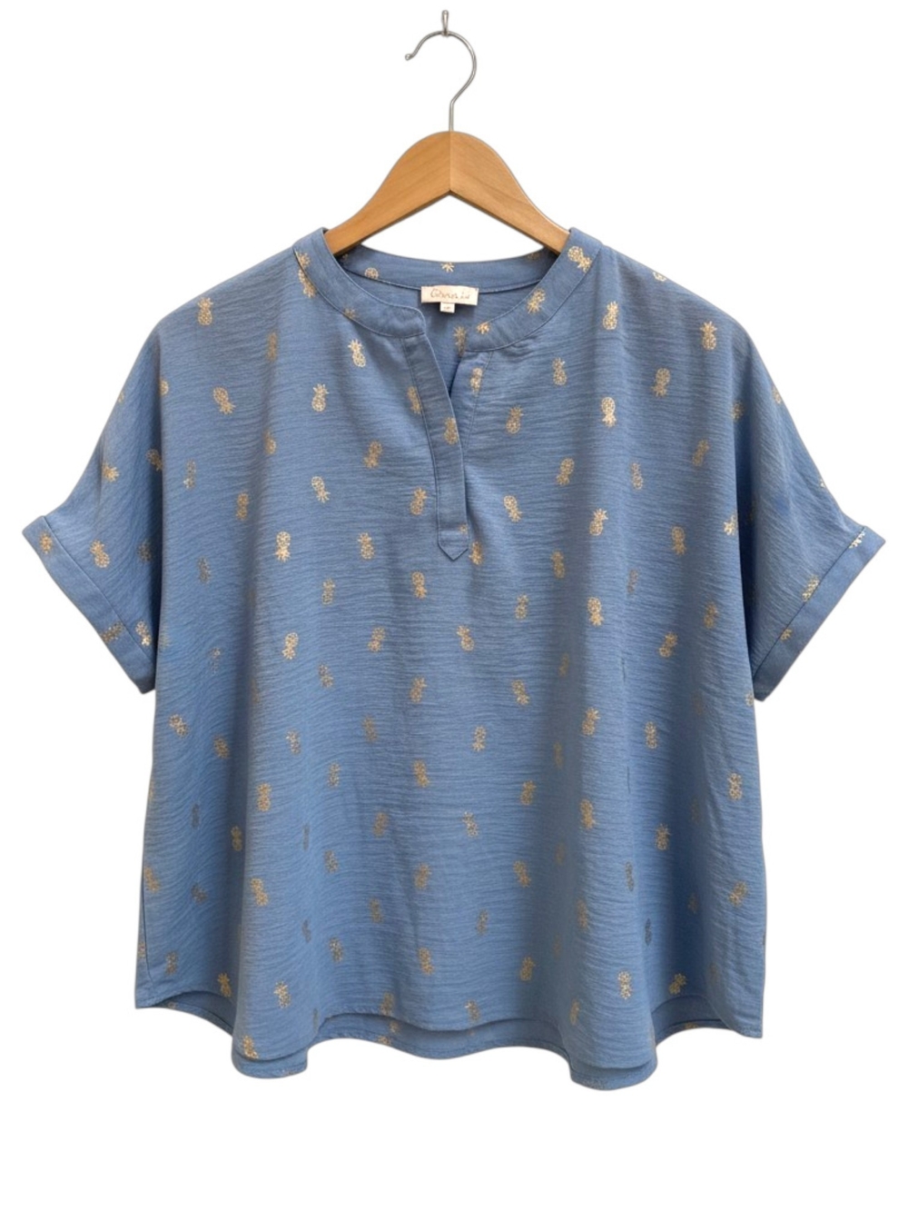 Chenault Blue Gold Pineapple Print Blouse Top 2X Plus Size Coastal Resort Beachy